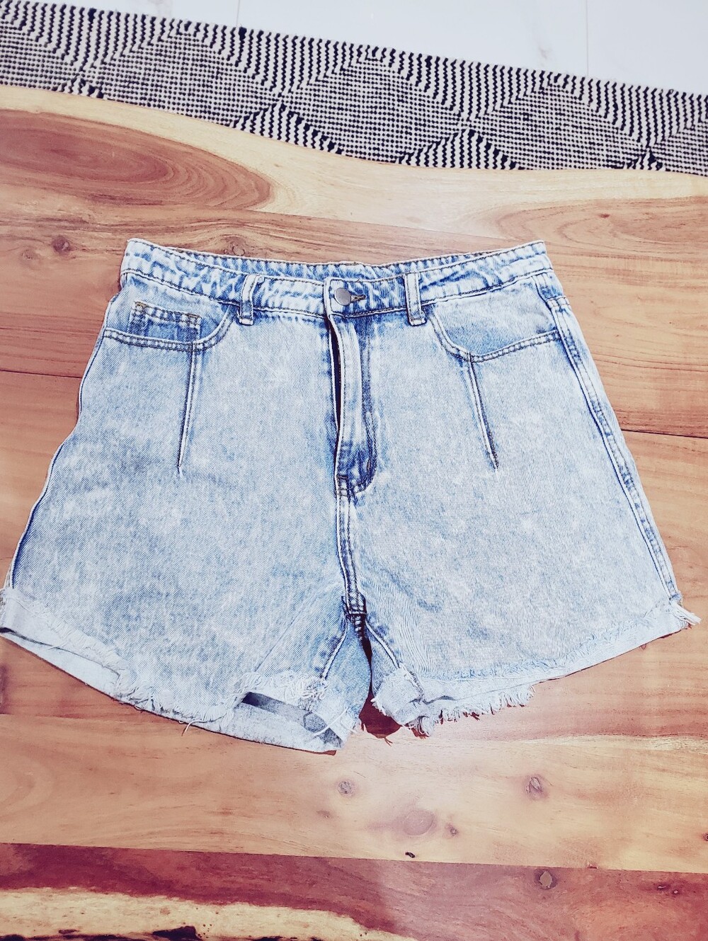 High Rise Fringe Acid Wash Shorts